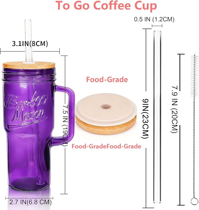 ANOTION Glass Cups with Handle, 24oz Glass Cups with Lids and Straws Travel Coffee Mug Bamboo Mason Jar Iced Cup Smoothie Tea Clear Cute Water Drinking Jars Glasses, Purple