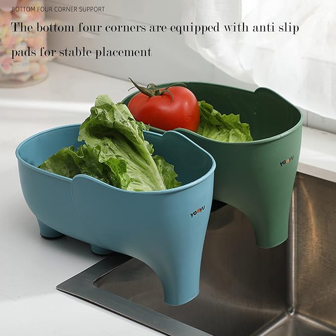 2PCS Vegetables Washing Basket Elephant Drainage Basket Fruit Basket for Draining Pasta Noodles Kitchen (Green & Gray)