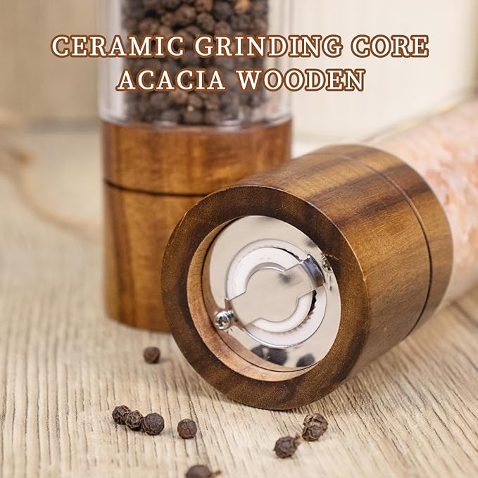 Acacia Wood Salt Grinder and Pepper Grinder Set Premium Acrylic Salt and Pepper Mill Set, Manual Salt and Pepper Mills- Wooden Shakers with Adjustable Ceramic Core 8 Inches 2 Pack