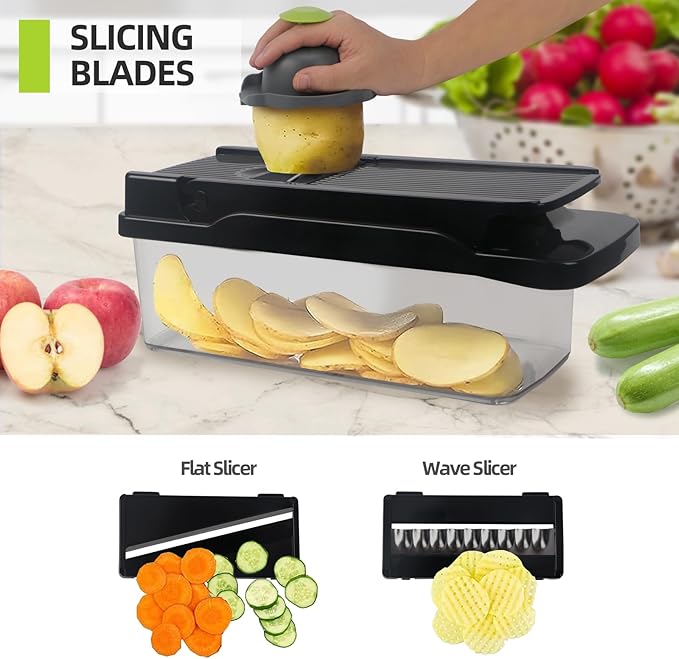 18 In 1 Vegetable Chopper, Vegetable Dice, Veggie Chopper with Container, Mandoline Slicer & Cheese Grater,Onion Potato Salad Food Chopper,Includes a free egg Slicer & onion holder for slicing