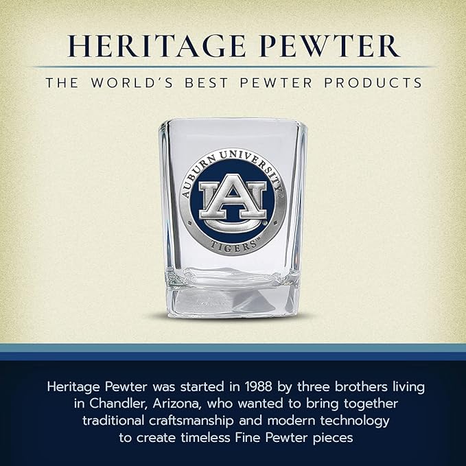 Heritage Pewter University of Auburn Square Shot Glass | Hand-Sculpted 1.5 Ounce Shot Glass | Intricately Crafted Metal Pewter Alma Mater Inlay