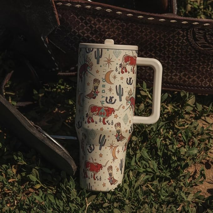 HydroJug Traveler - 32 oz Water Bottle with Handle & Flip Straw - Fits in Cup Holder, Leak Resistant Tumbler-Reusable Insulated Stainless Steel & Rubber Base - Gifts for Women & Men, Rodeo