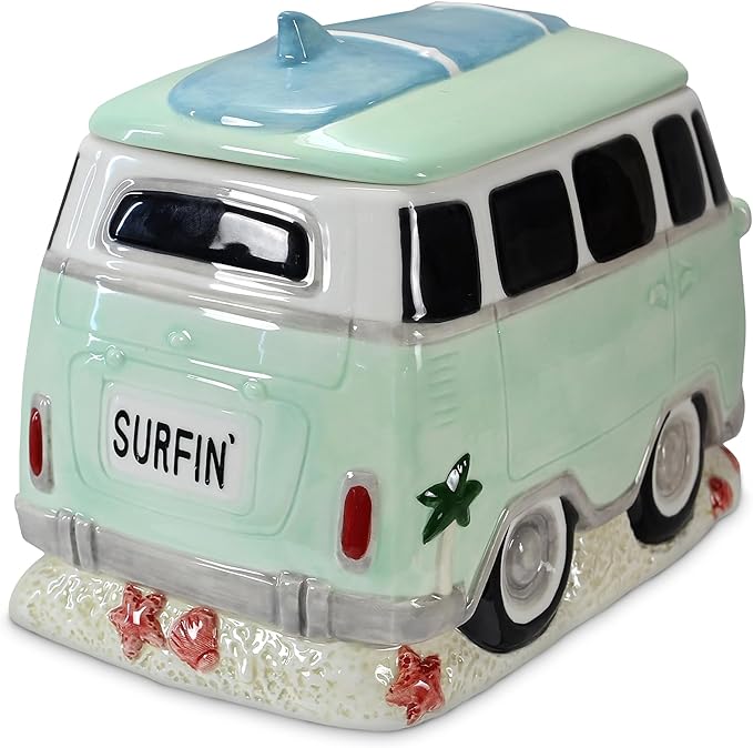 Young's Inc. Ceramic Cookie Jar - Cute Kitchen Counter Storage Canister with Lid - Perfect for Cookies, Coffee, Tea, Candy, Dog Treats, and More - Camper Van - Green, White, Blue