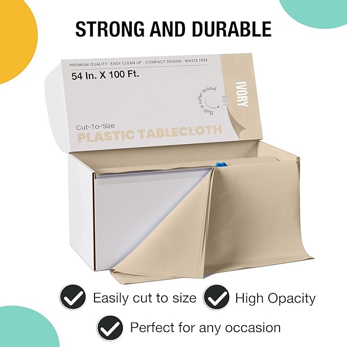 Exquisite Party Solids 54 Inch X 100 Feet Ivory Plastic Table Cover Roll in A Cut - to - Size Box with Convenient Slide Cutter. Cuts Up to 12 Rectangle 8 Feet Plastic Disposable Tablecloths