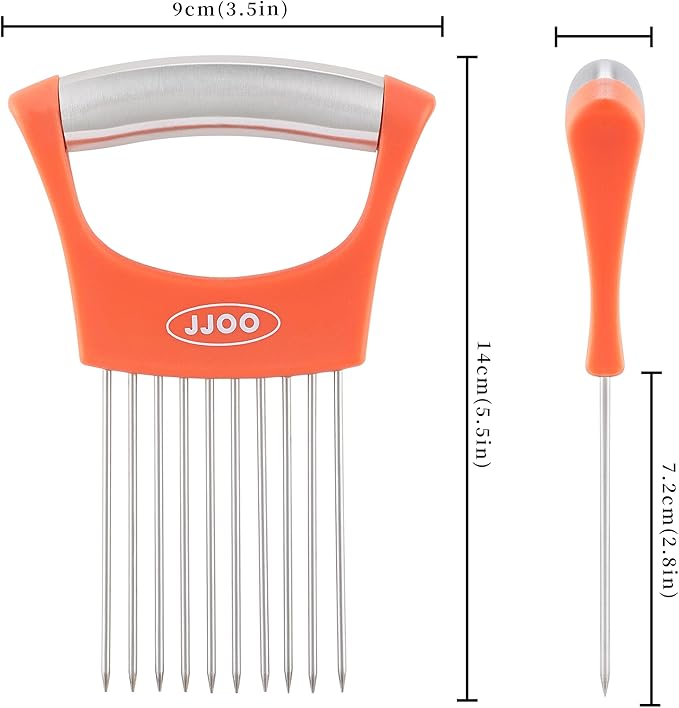 2PCS Onion Slicer Holder, JJOO Stainless Steel Onion Cutter for Slicing and Storage Onions, Tomato, Eggs and Vegetables, Protective Cover Included, Dishwasher Safe (Stylish orange+ Purple Color)