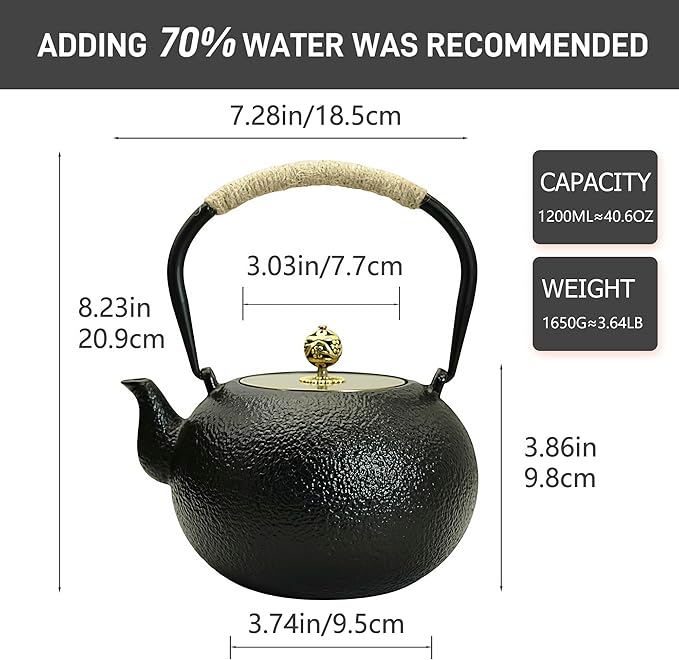 40.6oz Cast Iron Teapot for Stovetop, Japanese Tetsubin with Enamel, Black Tea Pot with Stainless Steel Infuser for Loose Tea, 1200ml Small Tea Kettle(Spherical Shape)