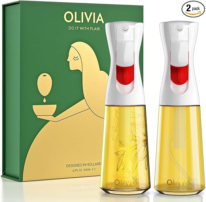 FLAIROSOL OLIVIA Oil Sprayer for Cooking, 2 Pack 200ML Glass Olive Oil Sprayer, Continuous Cooking Spray Dispenser with Portion Control for Kitchen Air Fryer, Salad, BBQ, White