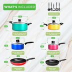 NutriChef 15-Piece Colorful Nonstick Kitchen Cookware Set | Heat Resistant Lacquer Kitchen Ware Pots and Pans Set w/Saucepot, Frying Pans, Pots, Oven Pot, Lids, Utensil