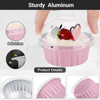 EUSOAR Disposable Creme Brulee Ramekins and Pink Spoons, 60pcs 5oz Mini Cake Cheesecake Pans with Lids, Aluminum Foil Ramekins with Lids Muffin Liners for Party Wedding Birthday Family Gathering