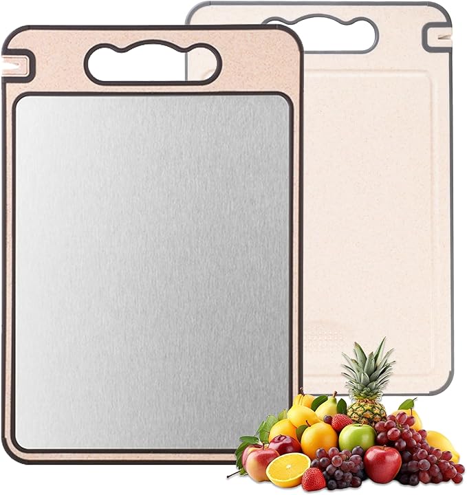 2-IN-1 Titanium Cutting Board for Kitchen Pure Titanium and Wheat Straw PP Scratch-Resistant 15.8x10.6 Inch, (Beige Titanium)