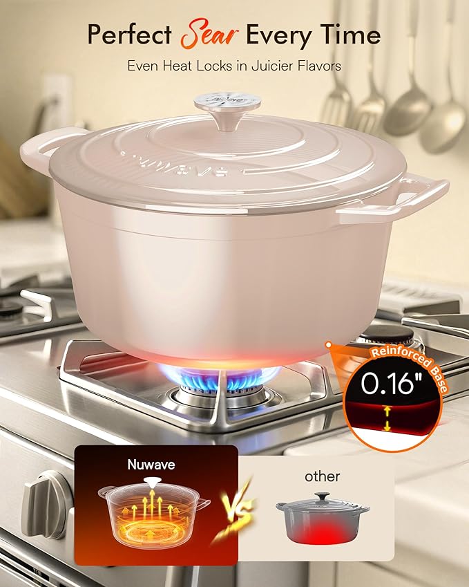 Nuwave 6QT Healthy Enameled Cast Iron Dutch Oven Pot with Lid, Heavy Duty 7-Layer Enamel, Enhanced Rust Protection, Dual Handles, Oven Safe to 500°F for Sourdough Bread Baking, Braise, Stew, Roast