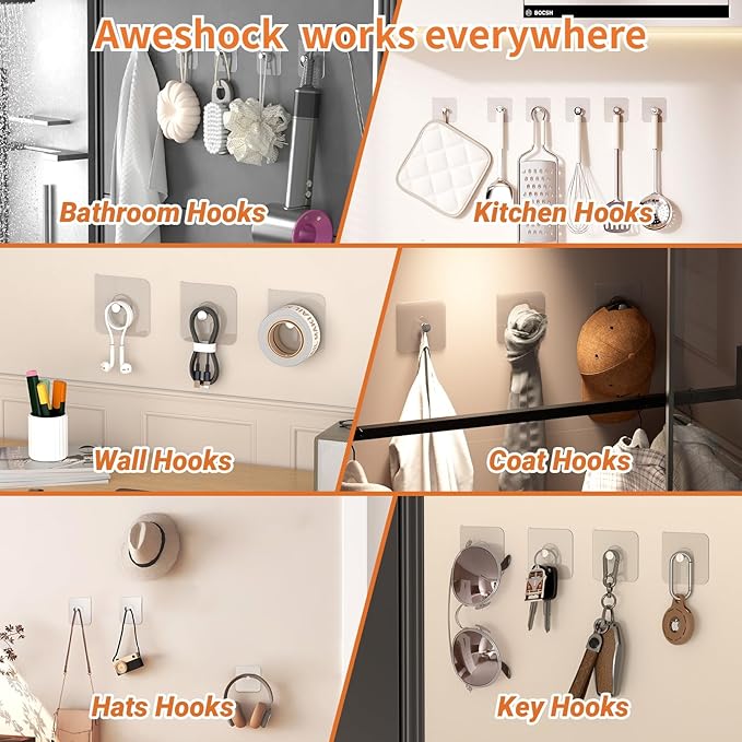 20 Pack Adhesive Wall Hooks, 13 lbs Max Load Picture Hangers Without Nials, Waterproof Oilproof No Damage Hooks for Bathroom Towels, Kitchen, Shower & Home Organization