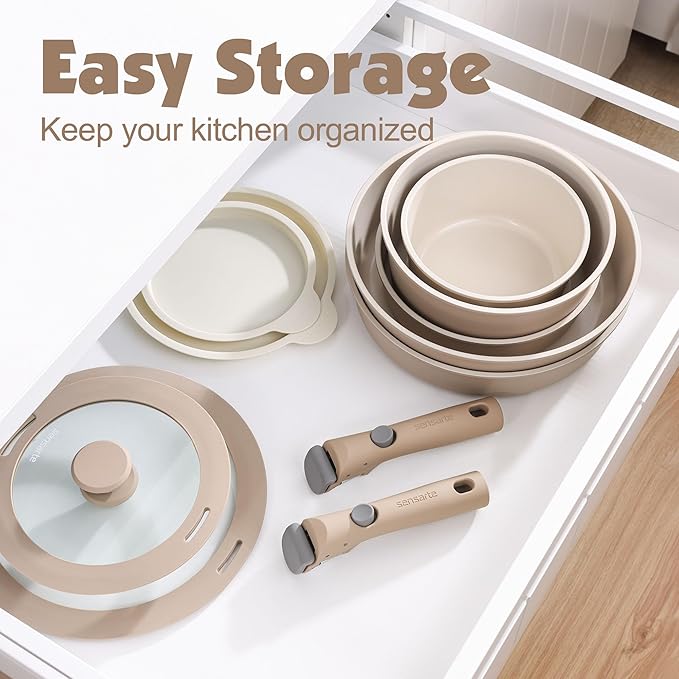 SENSARTE 24 Piece Ceramic Pots and Pans Set, Nonstick Detachable Handle Cookware, Induction Cookware Set with Removable Handle, Healthy Non Stick for RV, Dishwasher＆Oven Safe, PFOA Free (Almond Beige)