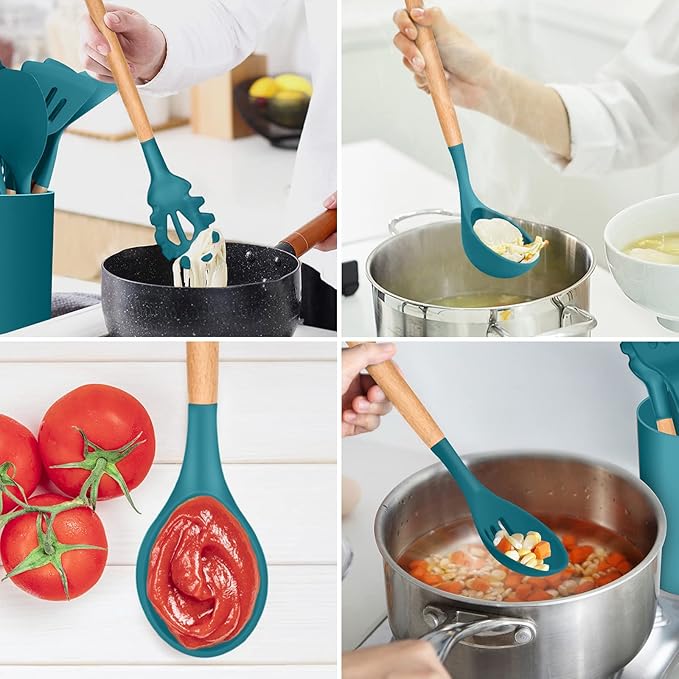 Kitchen Utensils Set of 12, E-far Silicone Cooking Utensils with Holder, Non-stick Cookware Friendly & Heat Resistant, Includes Spatula Tong Whisk Ladle Brush Slotted Turner Spoon(Teal Blue)