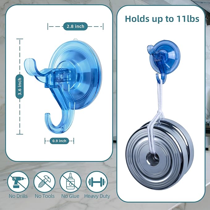 Antimbee Suction Hooks, 10 Pack Reusable Hangers, Removable Small Suction Cups for Shower, Bathroom, Glass, Door, Windows, Kitchen - Up to 11 lbs on Smooth Surface (Transparent Blue)
