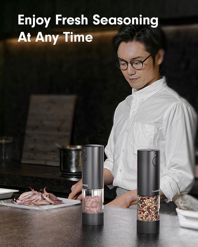 TOMEEM Upgraded Larger Capacity Electric Salt and Pepper Grinder Set Rechargeable with LED lights, Stainless Steel Automatic Pepper and Salt Grinder Refillable with 5 Adjustable Coarseness Black
