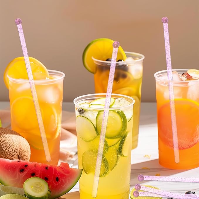 100 Pieces Disposable Plastic Round Top Clear Swizzle Sticks, Crystal Cake Stick, Cocktail Coffee Drink Stirrers Valentines Day 7.24 Inch (Pink)