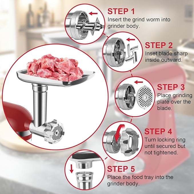 Fruit & Vegetable Strainer Attachment and Food Meat Grinder Attachment for Kitchenaid Stand Mixer with Sausage Stuffer Tubes and Fruits Juicer Auger Strainer