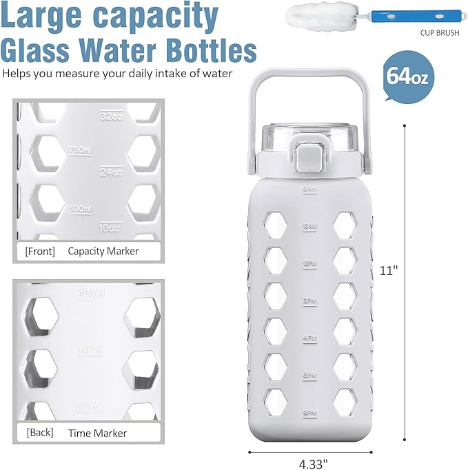 MUKOKO Half Gallon/64 oz Glass Water Bottles with Straw and Lid,Motivational Water Jug with Time Marker Reminder and Silicone Sleeve,100% Leakproof BPA Free Fitness Sports Large Bottle-White