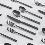 KINGSTONE 60 Pcs Black Hammered Silverware Set for 12, 18/10 Stainless Steel Heavy Duty Flatware Set, Tableware Cutlery Utensil Sets for Home Restaurant Dishwasher Safe