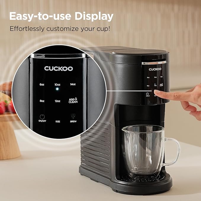 CUCKOO Single Serve Coffee Maker for K-Cup Ground Beans & Loose-Leaf Tea, Versatile 3-in-1 Pod Coffee Maker, Small Single Cup Machine with 5 Sizes and Auto-Clean Mode (CCM-AK011B)