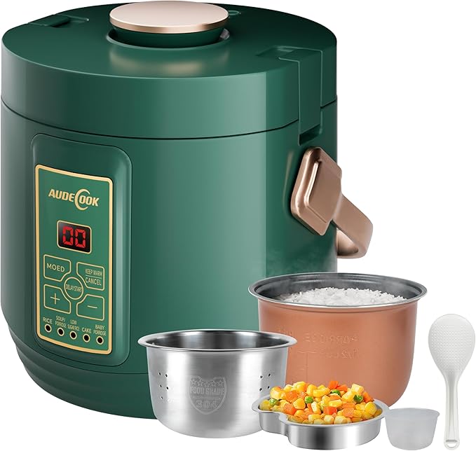 Audecook Mini Rice Cooker, 1.2L Small Rice Cooker Non-Stick 2 Cups Uncooked with Stainless Steel Steamer, Travel Multicooker with Low Carb Function, 24 Timer Delay and Auto Keep Warm（Green）