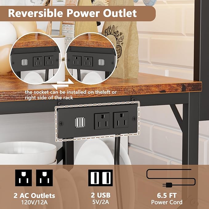 Furologee Bakers Rack with Power Outlet and LED Light, Small Microwave Stand with 4 Tier Shelves, Coffee Bar Station Table with 6 S Hooks, Kitchen Storage Rack for Spices, Pots, Rustic Brown