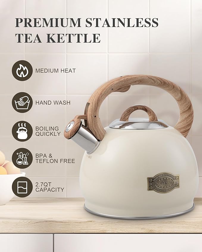 Tea Kettle Stovetop,2.7QT Stainless Steel Whistling Teapot for Stove Top Aesthetic,Portable Water Kettles Camping with Anti-hot Silicone Handle,Suitable for All Heat Sources,Milky White
