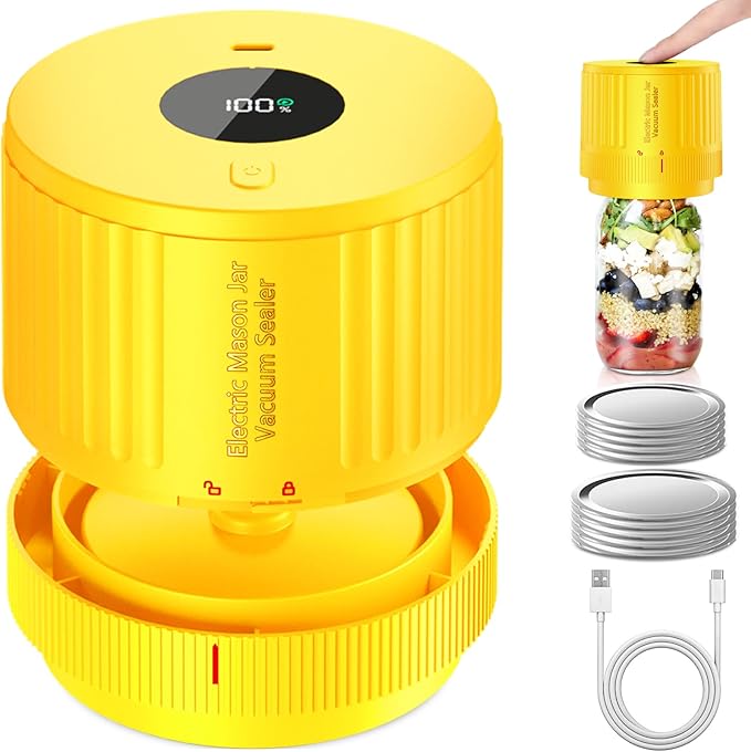 Electric Mason Jar Vacuum Sealer Kit for Wide Mouth and Regular Mouth Mason Jar - Yellow