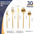 Matte Gold Silverware Set,30 Piece Stainless Steel Modern Flatware Set,Brushed Cutlery Set Service for 6,Satin Finish Utensils Set,Home Kitchen and Restaurant,Dishwasher Safe