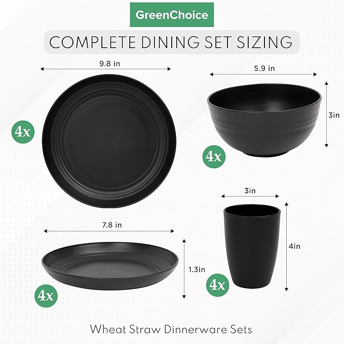 Wheat Straw Dinnerware Sets for 4 - GreenChoice Lightweight & Unbreakable Dishes Microwave & Dishwasher Safe Perfect for Camping, Picnic, RV, Dorm Plates, Cups and Bowls (Black)