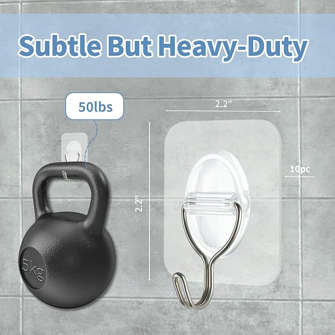 Adhesive Wall Hooks No Damage, Stick On Hooks for Hanging 10 Pack - Transparent Stainless Steel 5KG Heavy Duty, Waterproof Removable (5x5cm) Kitchen Bathroom Office, Ganchos para Pared (XL)