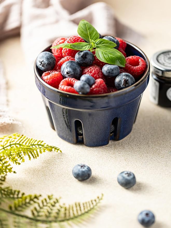 Gomakren Ceramic Berry Basket Set of 2, Round Fruit Bowl with Holes, Small Fruit Basket Containers for Kitchen Counter, Berries, Strawberry, Grape, Cherry - Cobalt Blue