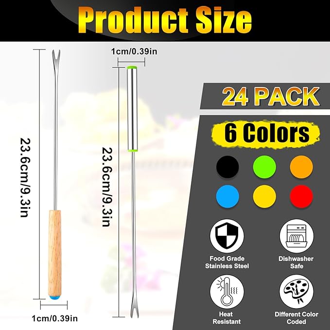 24 PCS Fondue Forks Stainless Steel,12 Wood Handles and 12 Stainless Steel Handles,9.3"Color Coding Cheese Fondue Fork,Heat Resistant Fondue Sticks for Chocolate Fountain Marshmallows,6 Color