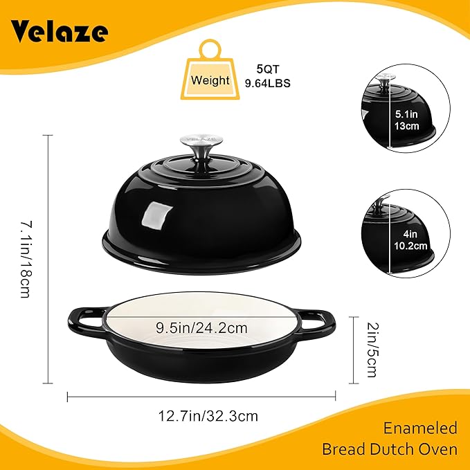Velaze Enameled Cast Iron Dutch Oven for Bread Baking,5 QT Round Bread Oven Pot with Dome Lid for Sourdough, Roasting,Braising(Black)
