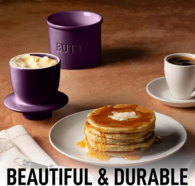 Zulay Kitchen Butter Crock With Lid & Spreader Knife for Countertop - Ceramic French Butter Dish Keeper For Fresh & Spreadable Butter - Purple