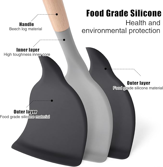 24 Pcs Kitchen Cooking Utensils Set,446°F Heat Resistant Non-Stick Silicone Kitchen Utensil Set With Wooden Handles and Holder,Kitchen Gadgets for Cookware,Kitchen Accessories,Black