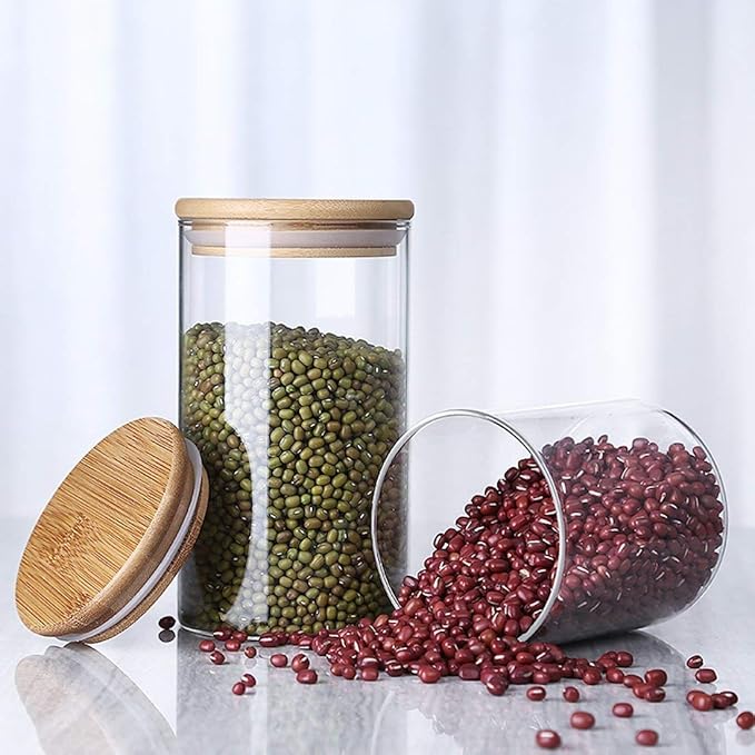 Glass Storage Jar With Airtight Seal wooden, Lid, 25 Ounce Set of 2, 750ml Coffee Bean and Kitchen Food Container