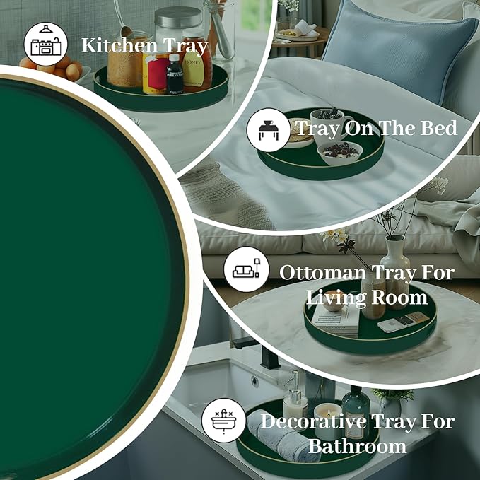 MAONAME Dark Green Decorative Tray, 13" Round Serving Tray with Handles, Plastic Trays for Coffee Table, Modern Ottoman Trays for Living Room, Bedroom