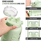 MUKOKO Half Gallon/64 oz Glass Water Bottles with Straw and Lid,Motivational Water Jug with Time Marker Reminder and Silicone Sleeve,100% Leakproof BPA Free Fitness Sports Large Bottle-Green