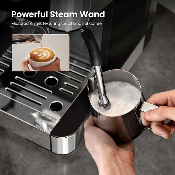 Kismile 15 Bar Espresso Machines with Grinder, Professional Espresso Maker with Removable Water Tank, Milk Frother Steam Wand for Latte&Cappuccino,Hot Water Function for Home (Black)