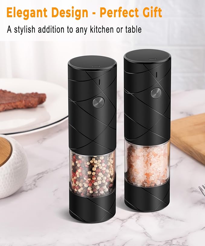 Rechargeable Electric Salt and Pepper Grinder Set - Extra Large Capacity - Automatic Black Peppercorn & Sea Salt Mill Grinders Set with Adjustable Coarseness & LED Light