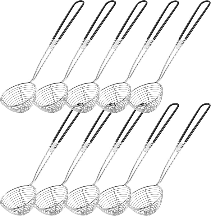 Geiserailie 10 Pieces 6 Pieces Hot Pot Kit Strainer Scoops Stainless Steel 2.5 Inch Mini Spider Strainer Skimmer Pasta Mesh Spoon Asian Skimmer Spoon Ladle with Handle for Home (Black)