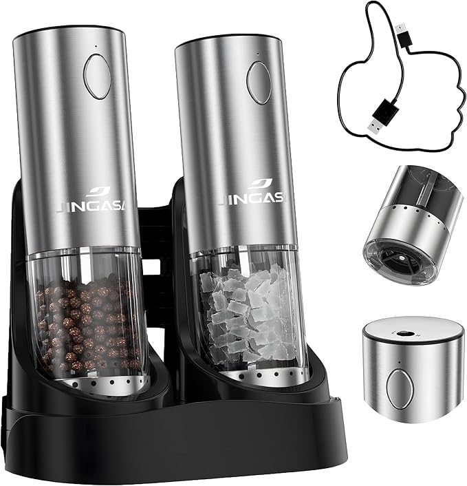 [Upgraded Larger Capacity] Electric Salt and Pepper Grinder Set with USB Charging Base, 95ml Large Capacity, Adjustable Coarseness,Stainless Steel Automatic Pepper Mill (Upgraded Adjustment-B)