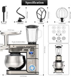 6-IN-1 Stand Mixer, LCD Display Kitchen Electric Mixer, 6.5QT Stainless Steel Bowl, Multi-Function Kitchen Blender With Dough Hook, Whisk, Beater, Meat Grinder, Splash Guard