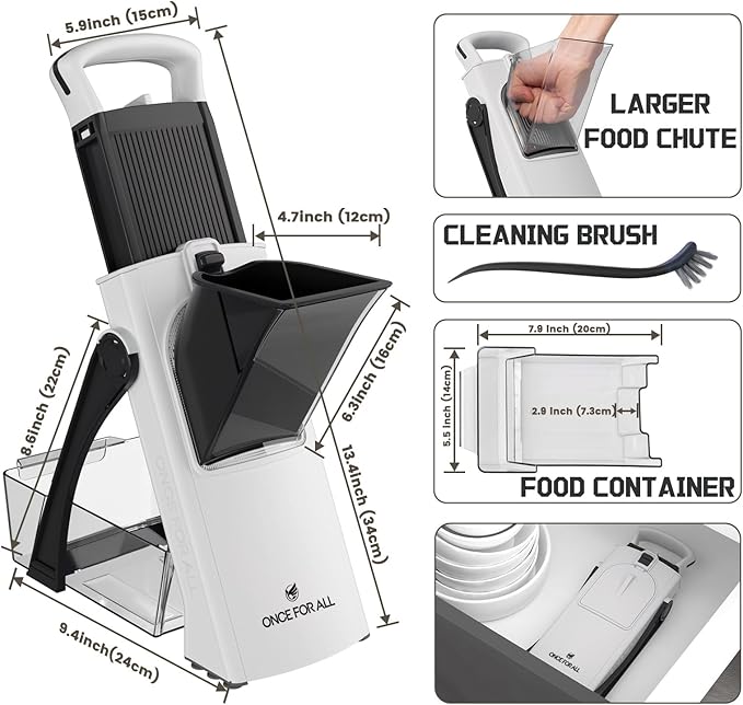 ONCE FOR ALL Upgrade Safe Mandoline Slicer Plus, Biger Size, Adjustable Vegetable Food Chopper Potato Fries Cutter, Detachable Blade, Kitchen Chopping Artifact, Gift (Black)