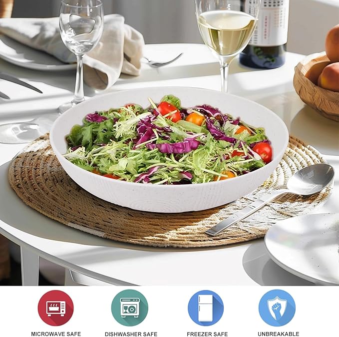 Salad Bowls 10inch Serving Bowls 65oz Large Salad Bowls Wheat Straw Bowls Set of 2 Wide and Shallow Plastic Salad Bowl for Kitchen Microwave & Dishwasher Safe.White