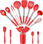 E-far 14 Pieces Silicone Cooking Utensils Set, Kitchen Utensils Set with Holder, Spatula, Ladle, Spoon, Tong, Slotted Turner for Nonstick Cookware, 446°F Heat Resistant & Stainless Steel Handle, Red