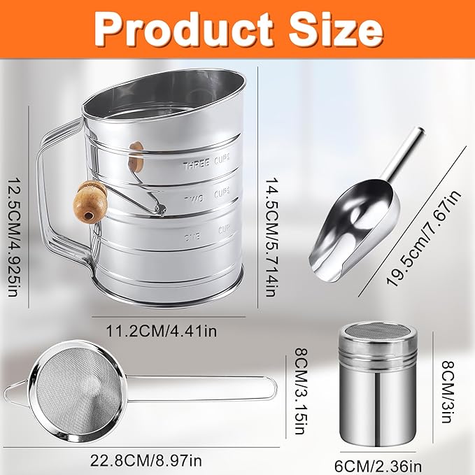 Flour Sifter,3 Cup with Scale Stainless Steel Flour Sifters,4 in 1 Baking Sifter Set with Powder Sugar Shaker Duster,Strainers Fine Mesh and Metal Scoop for Baking Cake,Pastries,Pies,Cupcakes,Desserts