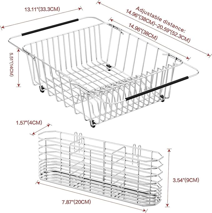 Large Sink Dish Drying Rack, Expandable 304 Stainless Steel Metal Dish Drainer Rack Organizer Shelves with Stainless Steel Utensil Holder Over Inside Sink, Rustproof
